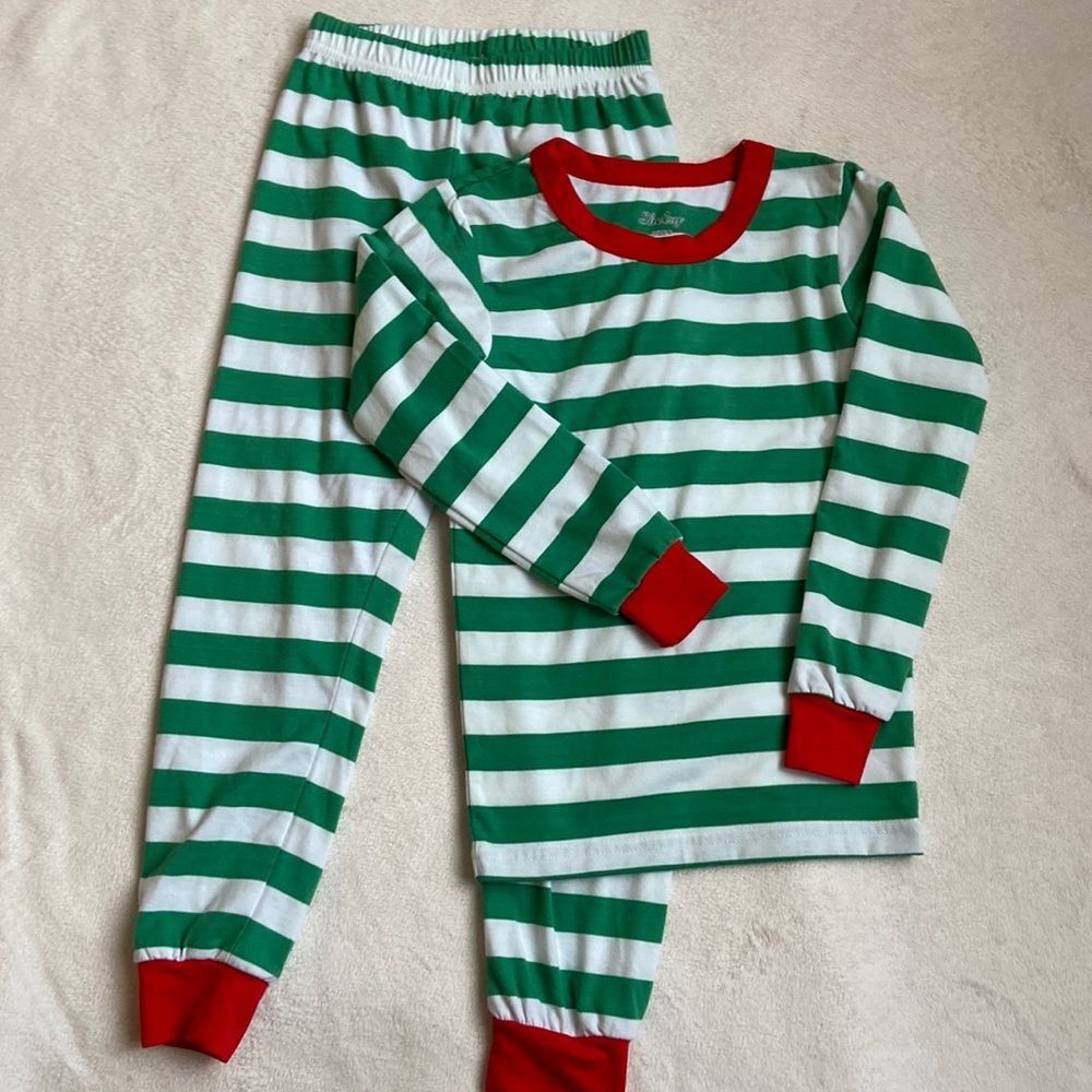 Shelry Christmas Holiday Green & White Striped Slim Fit Pajama Set